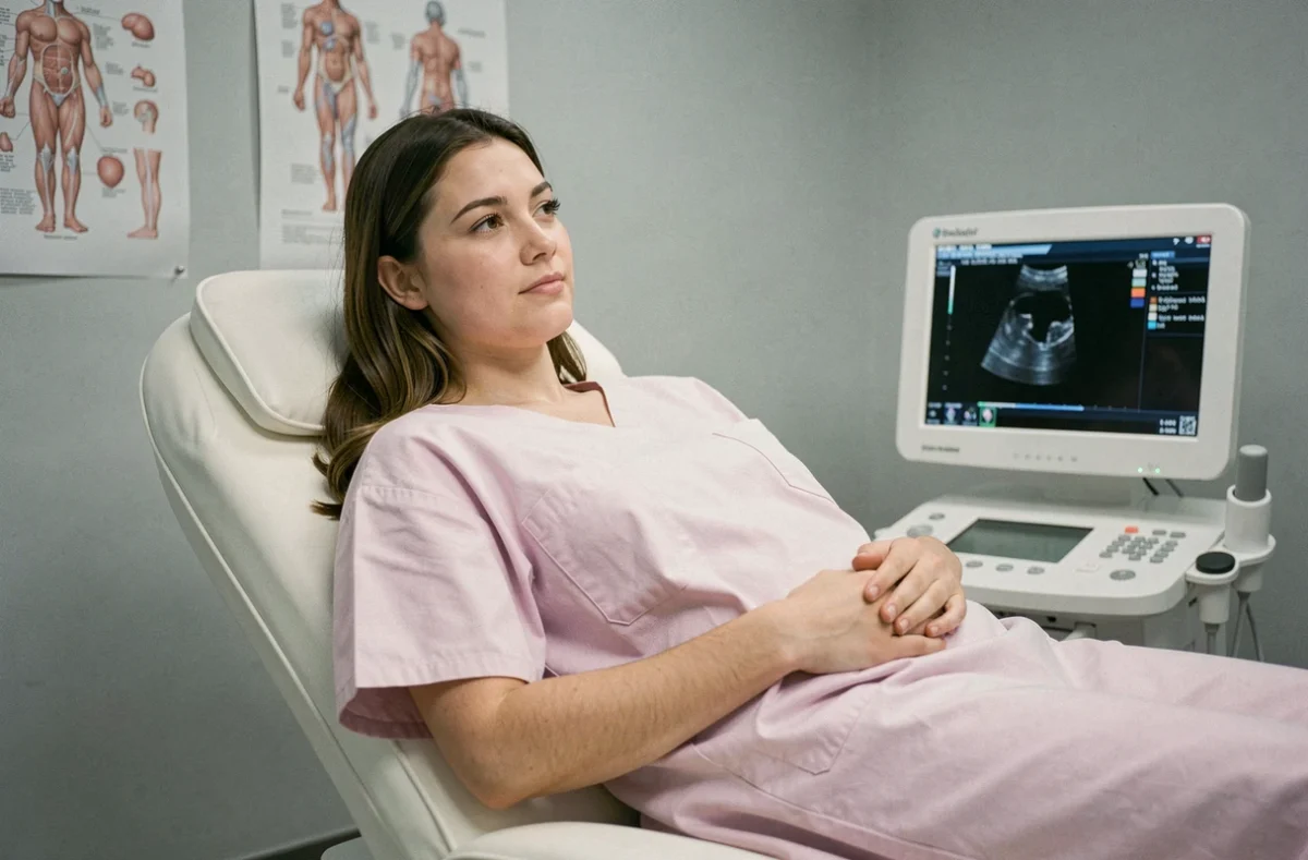 Femme enceinte à 5 semaines d'aménorrhée allongée sur une table d'échographie dans un cabinet médical moderne