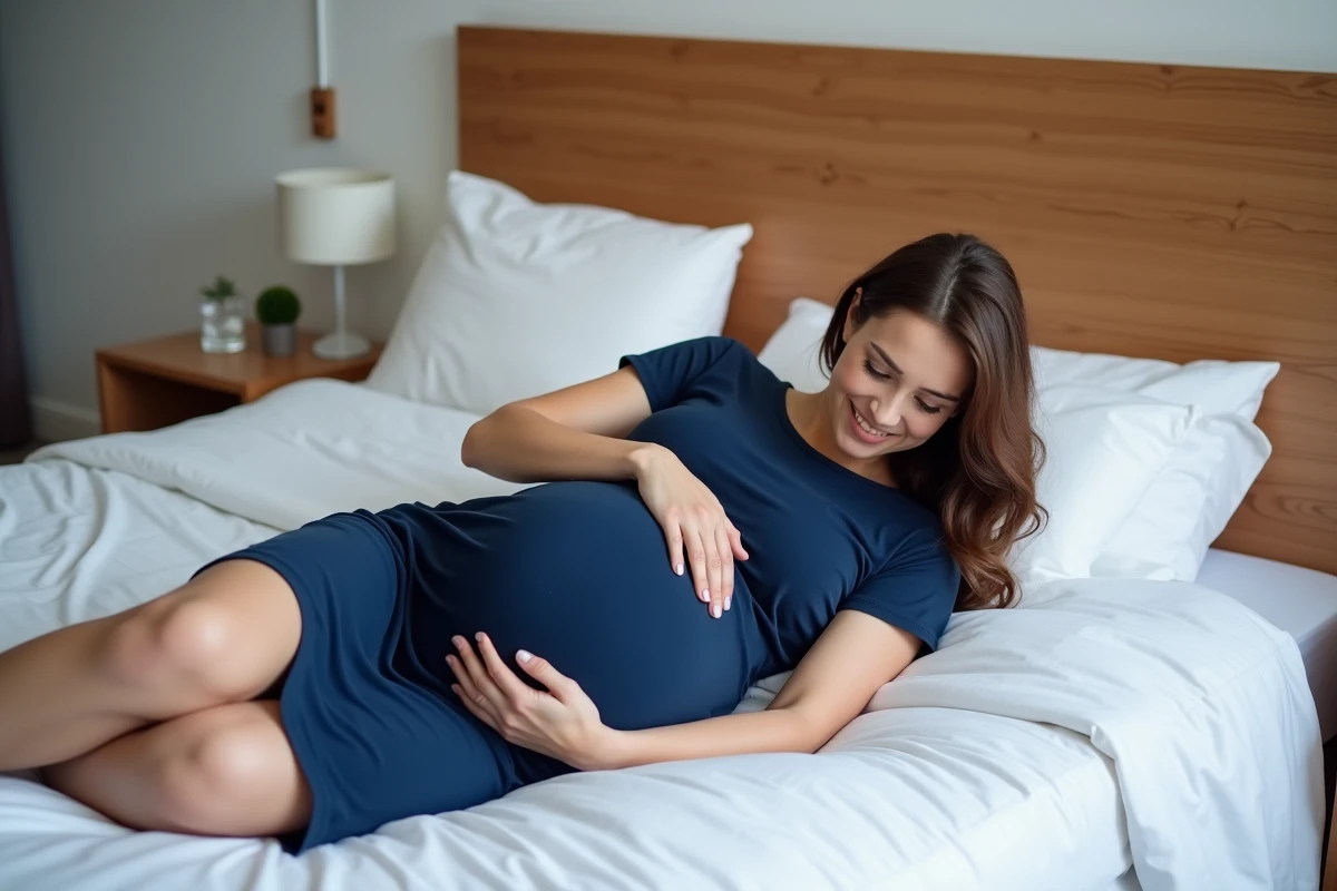 Femme enceinte allongée sur le côté dans un lit blanc, souriant et posant la main sur son ventre pour sentir les mouvements du bébé