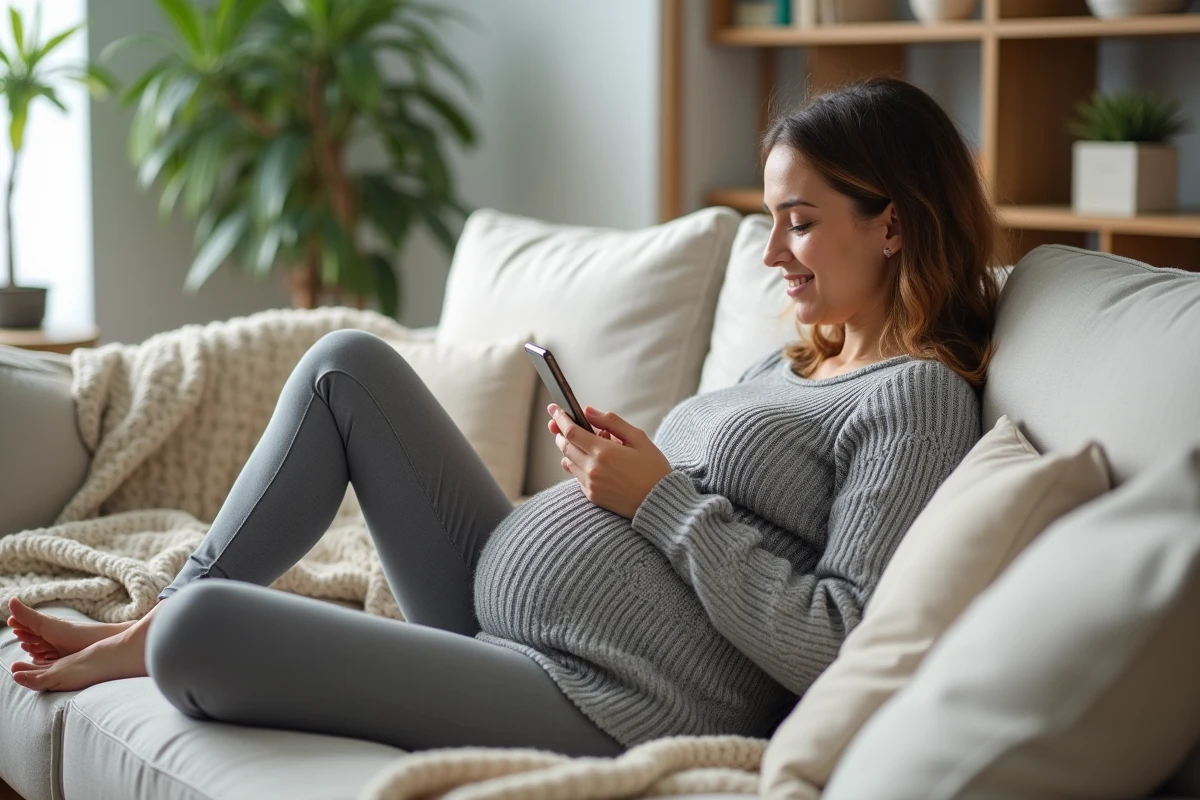 Femme enceinte consultant une application mobile pour calculer sa date d'accouchement probable