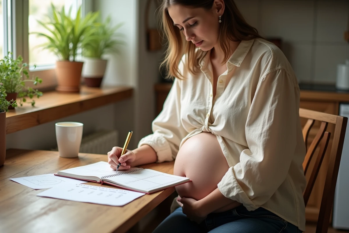 Femme enceinte calculant son terme de grossesse avec un calendrier et un journal à la cuisine