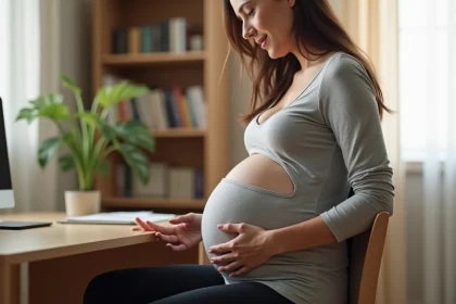 Femme enceinte assise sur un coussin ergonomique anti-douleur coccyx à son bureau à domicile