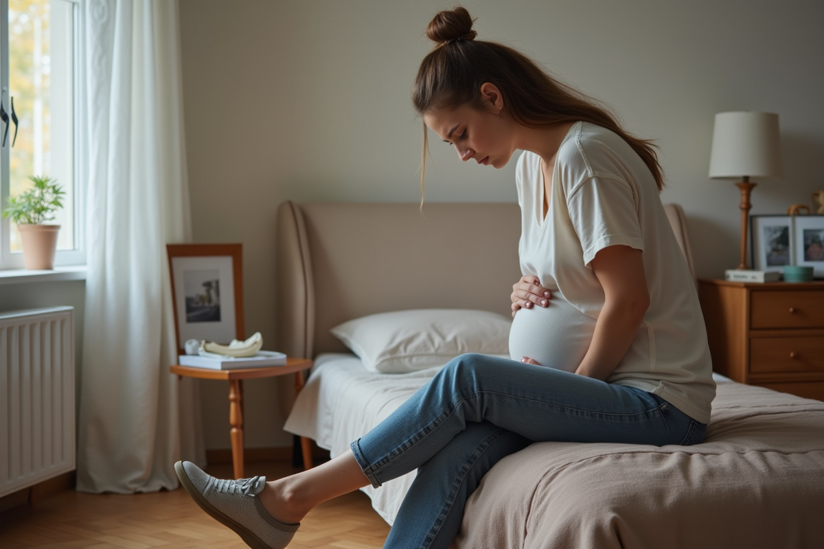 Femme enceinte se relaxant dans sa chambre après une marche