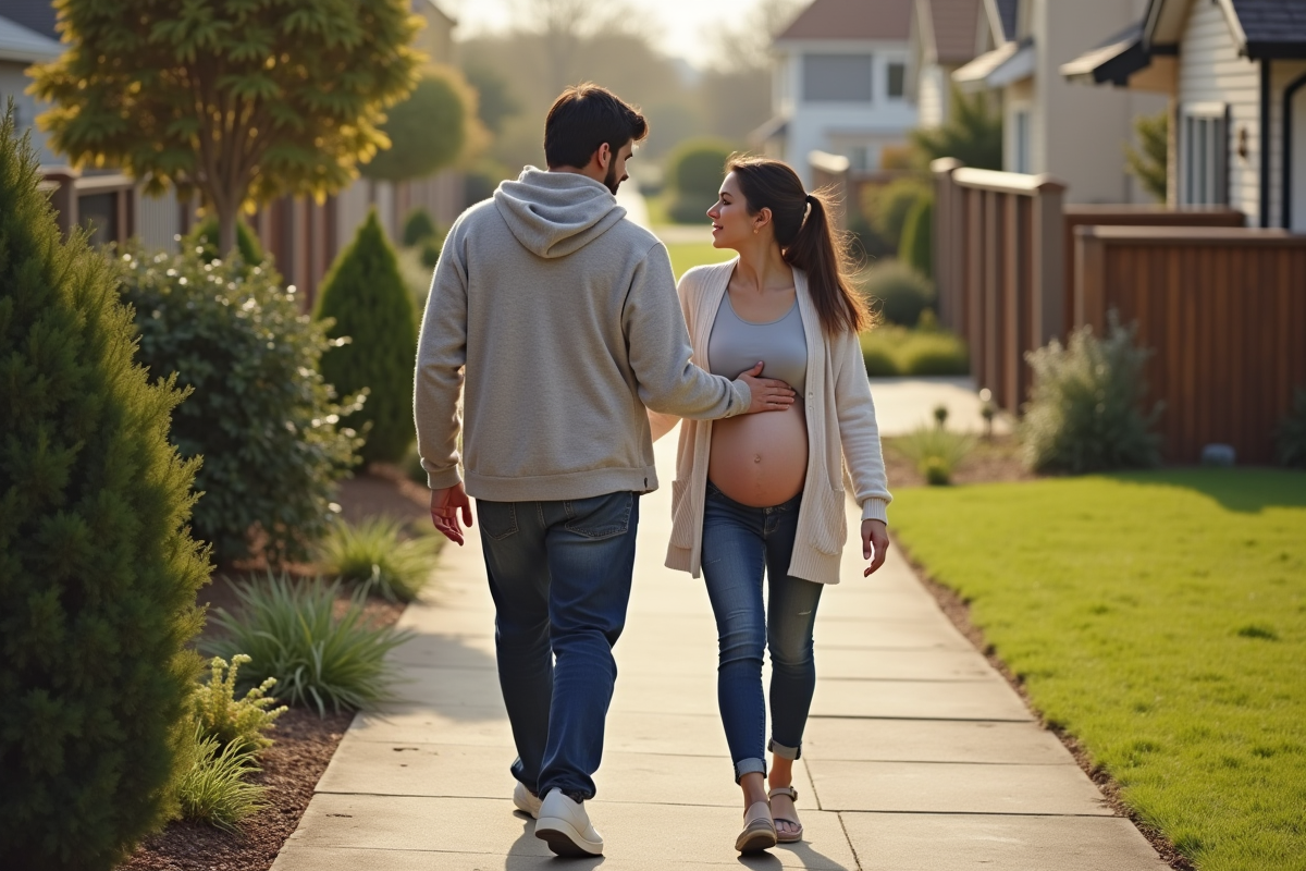 Femme enceinte avec partenaire dans une rue résidentielle