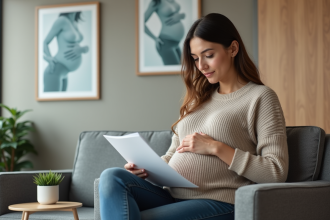 Femme enceinte lisant un dossier dans une salle d'attente moderne