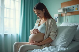 Femme enceinte assise sur un lit d'hôpital avec expression contemplative