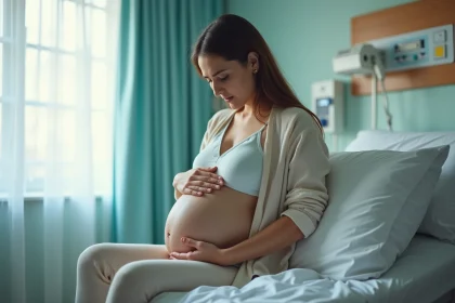 Femme enceinte assise sur un lit d'h&ocirc;pital avec expression contemplative