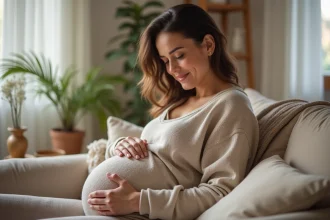 Femme enceinte appliquant un compress chaud en intérieur