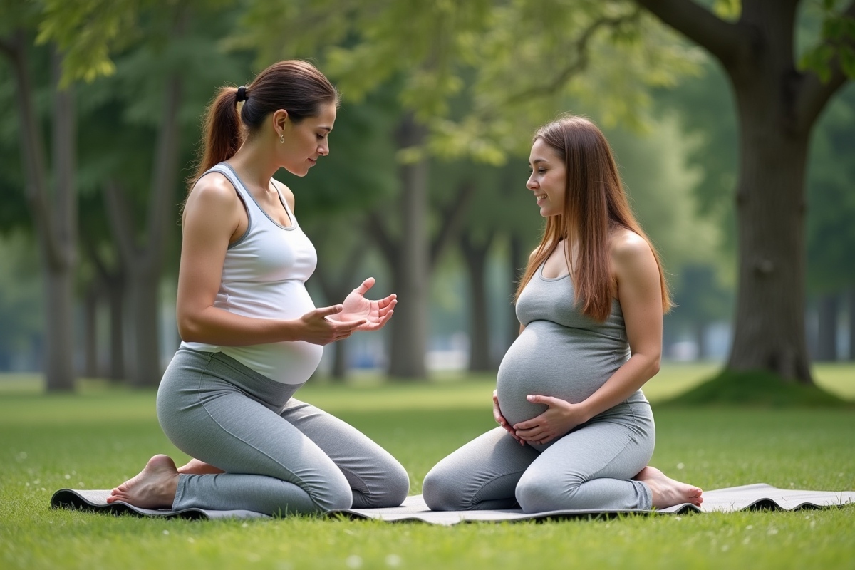 Femme enceinte en stretching dans un parc