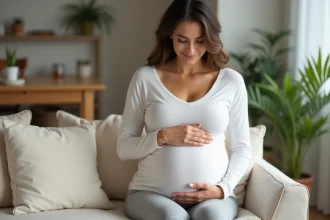 Femme enceinte au troisième trimestre tenant son ventre avec les deux mains, assise dans un salon chaleureux et décoré avec des plantes et des meubles en bois