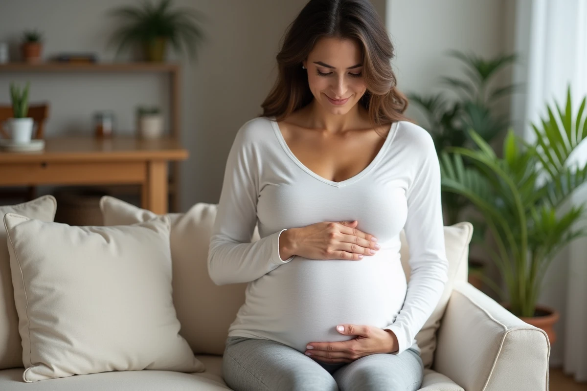 Femme enceinte au troisième trimestre tenant son ventre avec les deux mains, assise dans un salon chaleureux et décoré avec des plantes et des meubles en bois