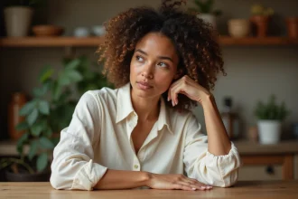 Femme qui se gratte la main gauche distraitement à table dans une cuisine rustique
