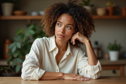 Femme qui se gratte la main gauche distraitement à table dans une cuisine rustique