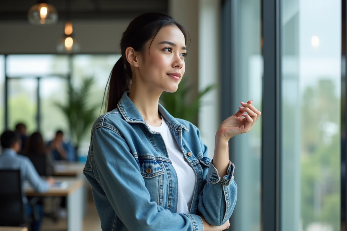 Jeune femme se grattant la paume de la main gauche dans un bureau moderne près d'une fenêtre