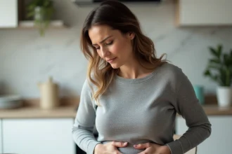 Femme tenant son ventre à table après avoir mangé du pain contenant du gluten, signe possible d'intolérance
