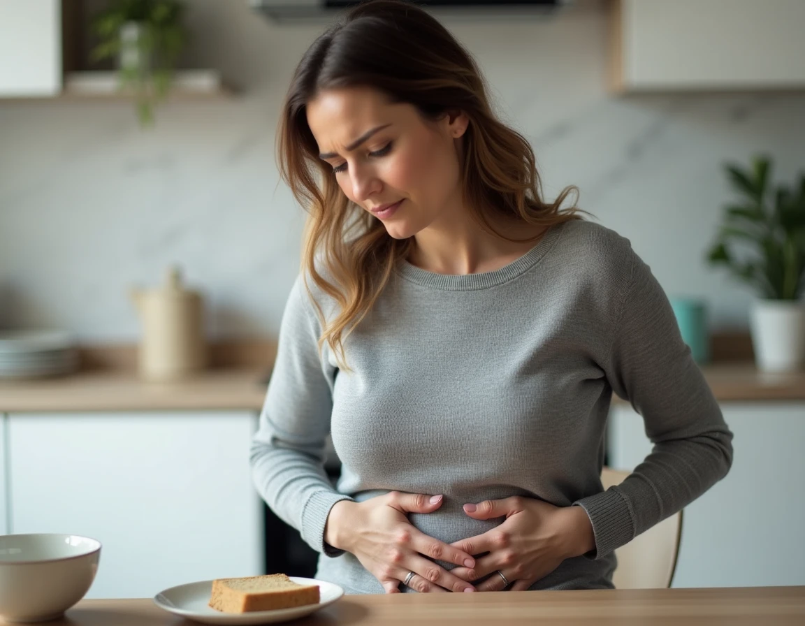Femme tenant son ventre à table après avoir mangé du pain contenant du gluten, signe possible d'intolérance