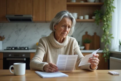 Femme inqui&egrave;te tenant un m&eacute;dicament dans la cuisine