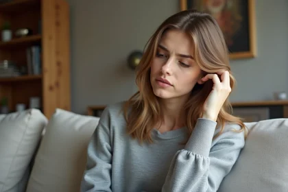 Femme en introspection dans un salon moderne