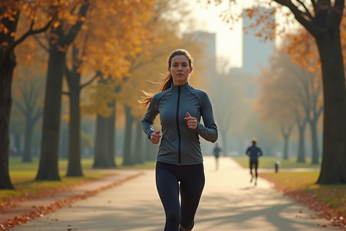 Femme courant dans un parc au matin avec feuilles tombées