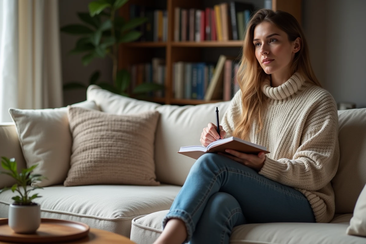 Femme assise sur un canapé avec journal et thé dans un salon chaleureux