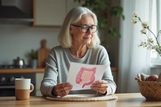 Femme lisant une brochure médicale sur les polypes intestinaux