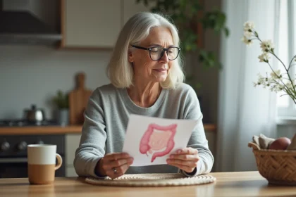 Femme lisant une brochure m&eacute;dicale sur les polypes intestinaux