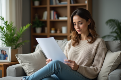Femme lisant un rapport médical dans un salon cosy