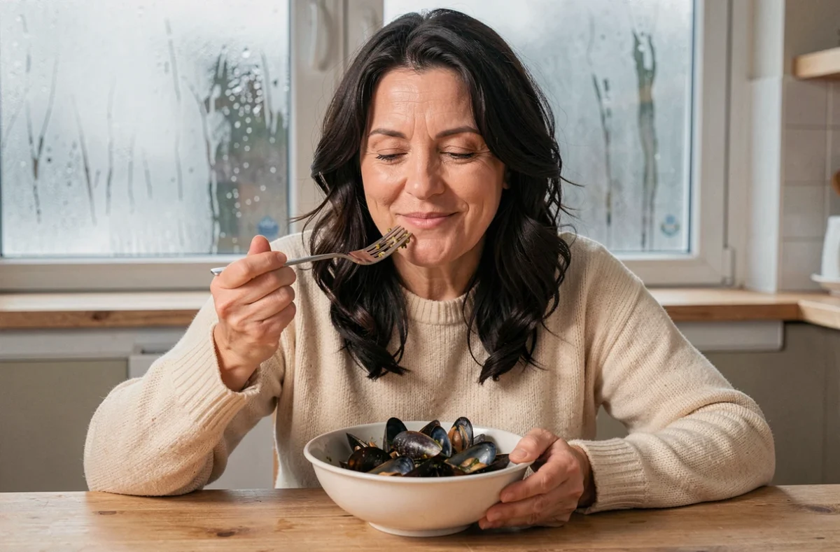 Femme mangeant des moules marinières chaudes en hiver dans une cuisine cosy, illustrant les conseils de consommation de moules en saison froide