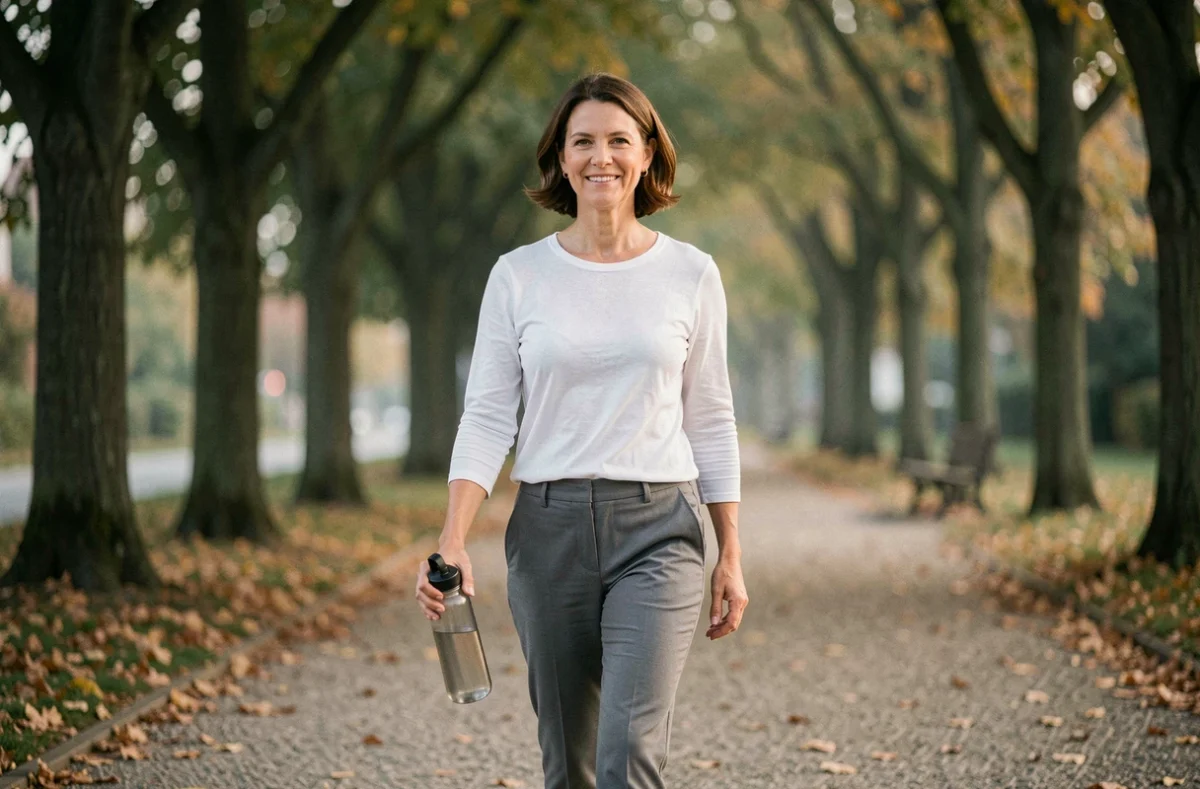 Femme marchant dans un parc urbain boisé avec une gourde, représentant les habitudes quotidiennes d'une meilleure hygiène de vie