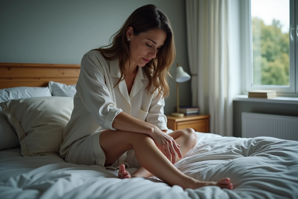 Femme assise au lit se massant la jambe dans une chambre chaleureuse