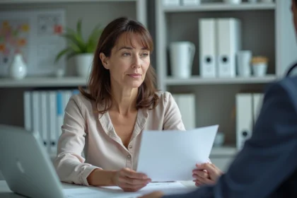 Femme d'&acirc;ge moyen discutant r&eacute;sultats m&eacute;dicaux avec un m&eacute;decin