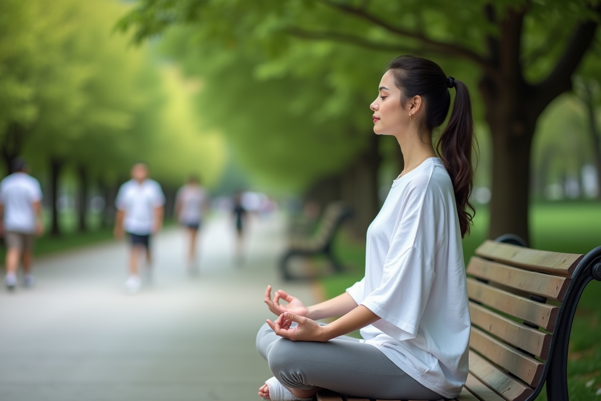 Jeune femme méditant dans un parc en plein air