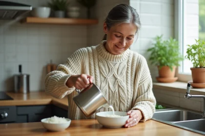Femme versant du riz au lait dans la cuisine chaleureuse