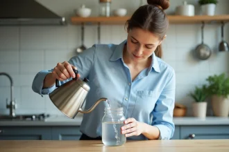 Femme verser de l'eau chaude dans un bocal en cuisine moderne
