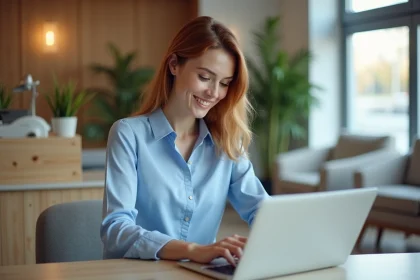 Femme souriante utilisant un ordinateur dans une salle d'attente