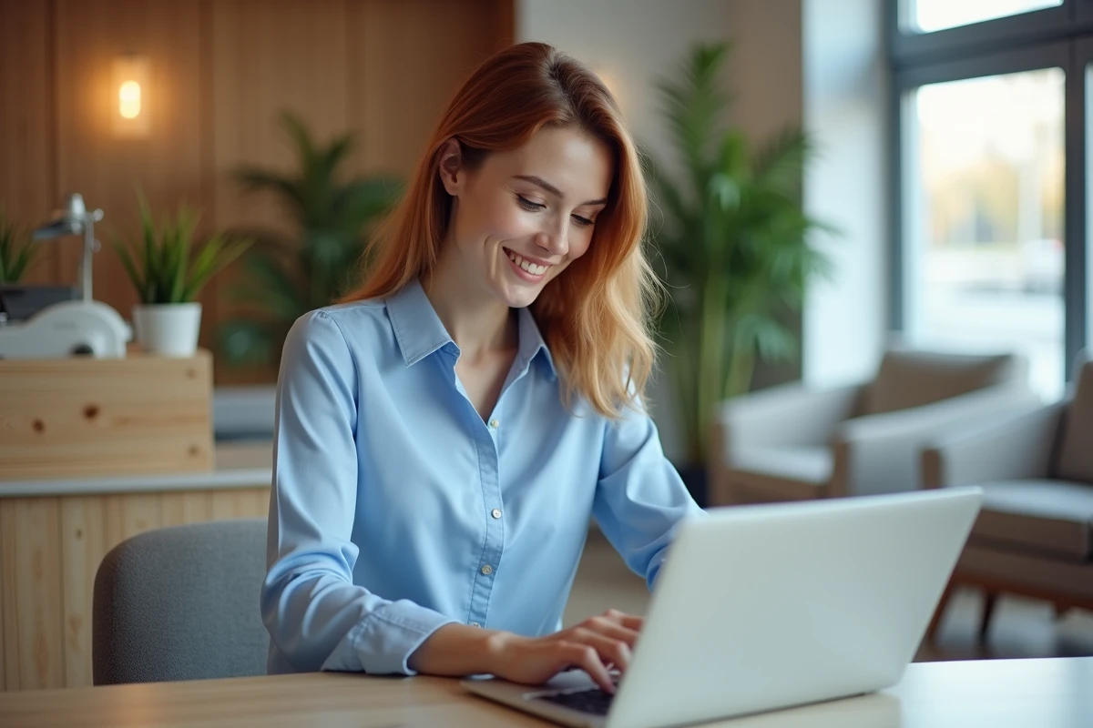 Femme souriante utilisant un ordinateur dans une salle d'attente