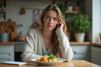Femme réfléchissant à son repas équilibré dans la cuisine