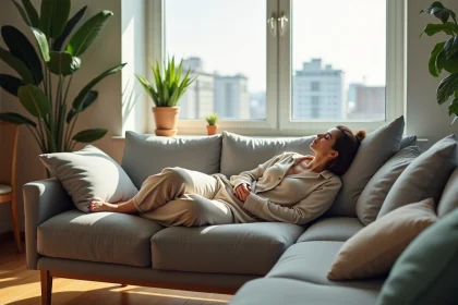 Femme en détente sur canapé dans un salon lumineux