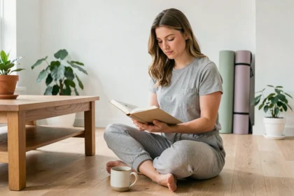 Femme lisant un journal de bien-être chez elle dans un cadre scandinave épuré, illustrant une routine d'hygiène de vie saine