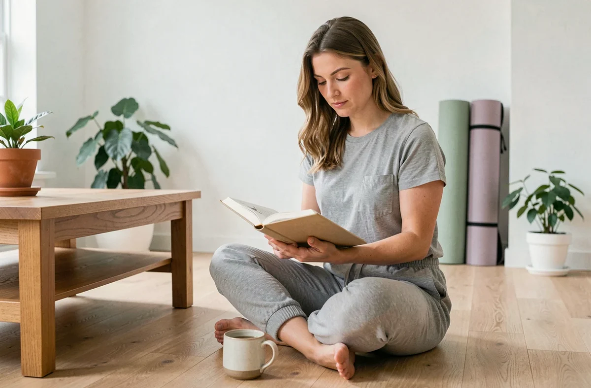 Femme lisant un journal de bien-être chez elle dans un cadre scandinave épuré, illustrant une routine d'hygiène de vie saine