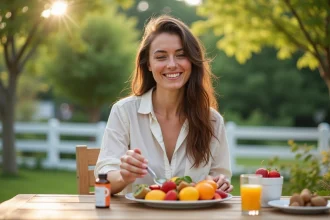 Femme souriante préparant une salade de fruits en plein air