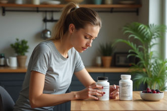 Femme examinant une étiquette nutritionnelle dans la cuisine