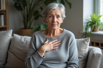 Femme d'âge moyen assise sur un canapé intérieur
