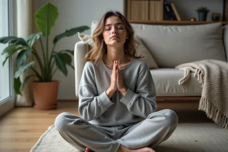 Femme sereine en intérieur dans un salon moderne