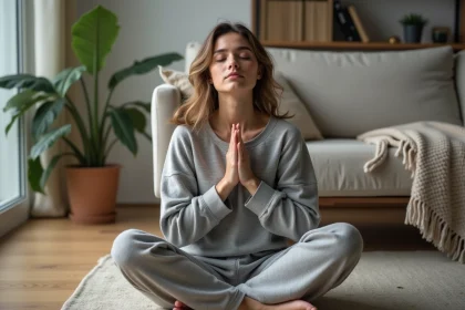 Femme sereine en int&eacute;rieur dans un salon moderne