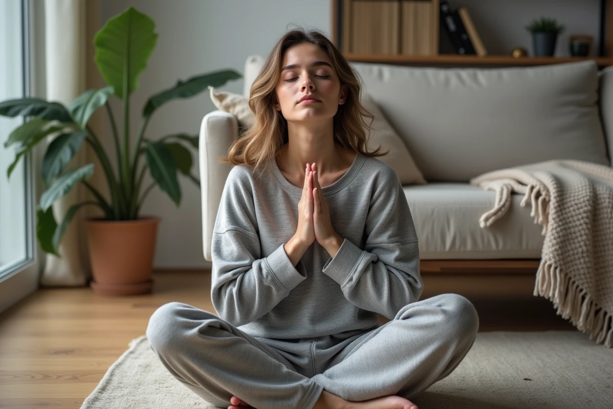 Femme sereine en intérieur dans un salon moderne