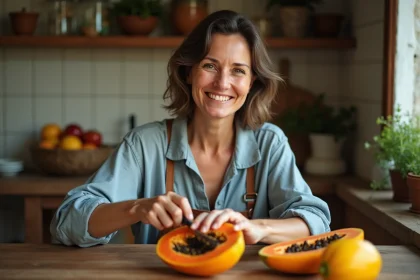 Femme souriante coupant une papaye dans la cuisine chaleureuse