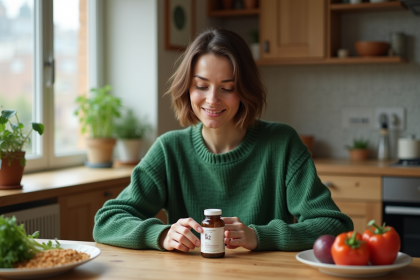 Femme souriante lisant une bouteille de vitamine B12 dans la cuisine
