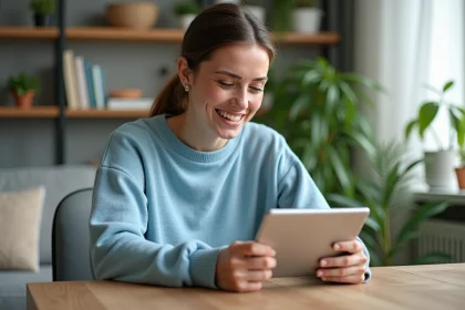 Femme souriante en bleu lisant un blog sant&eacute; &agrave; la maison