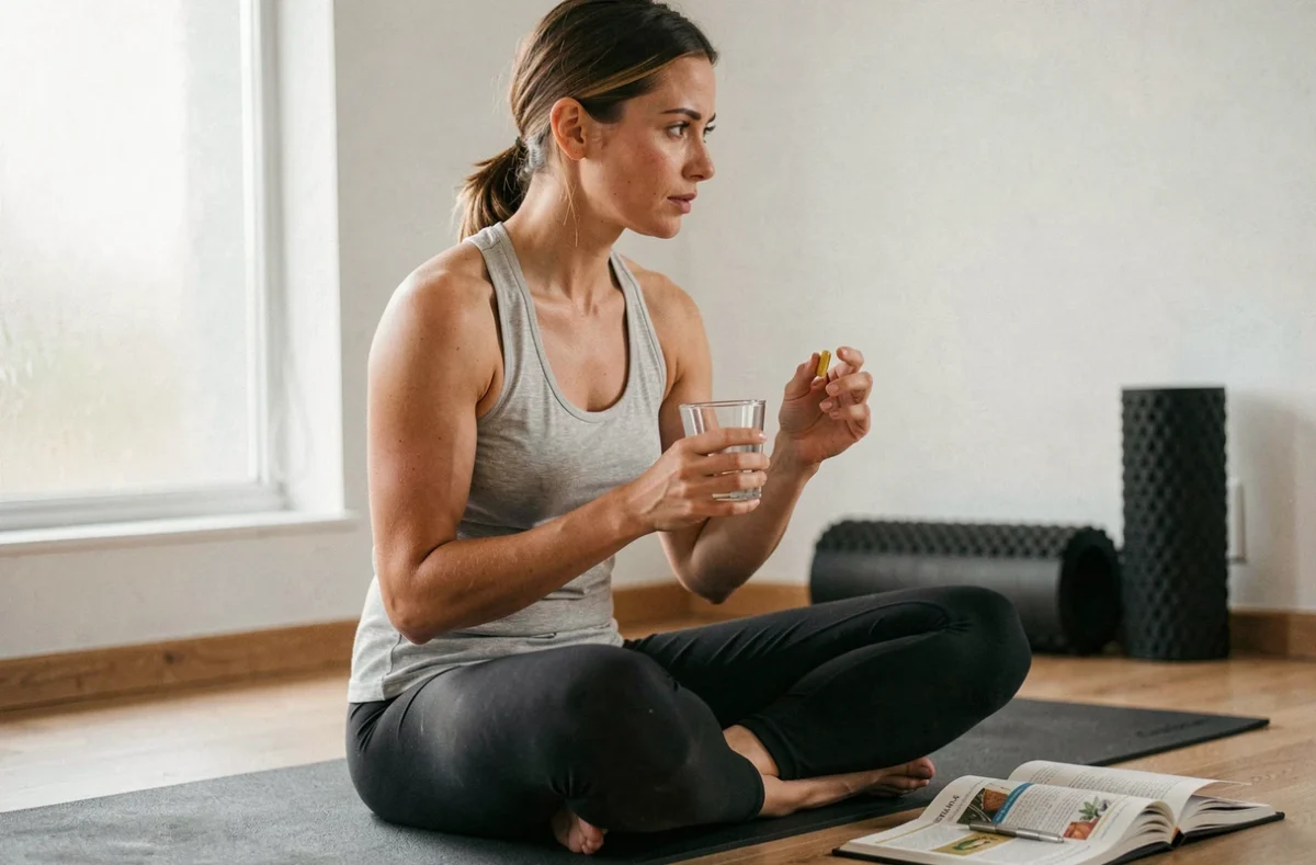 Femme sportive tenant un complément alimentaire Nourix avec un journal de nutrition dans une salle de sport à domicile