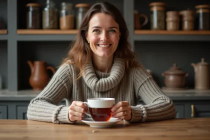 Femme d&eacute;tendue avec tasse de rooibos dans une cuisine chaleureuse